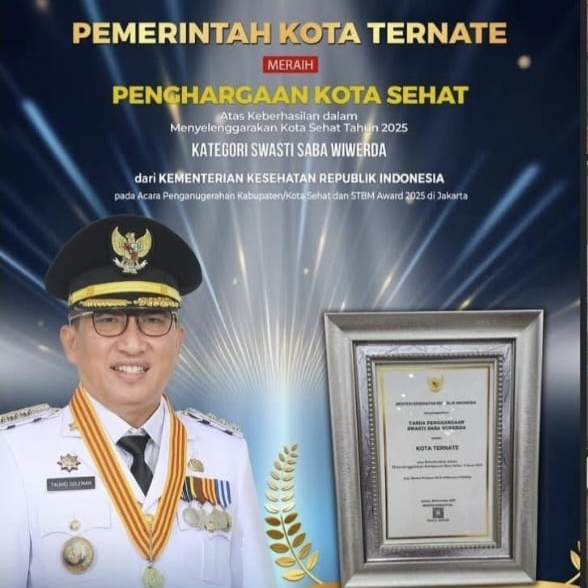 Pemerintah Kota Ternate diberi penghargaan sebagai Kota Sehat 2025 oleh Kemenkes RI. 
